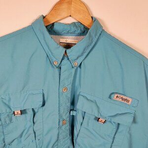 Columbia Omni-Shade PFG Men's XL Aqua Blue Button-Down Short Sleeve Shirt